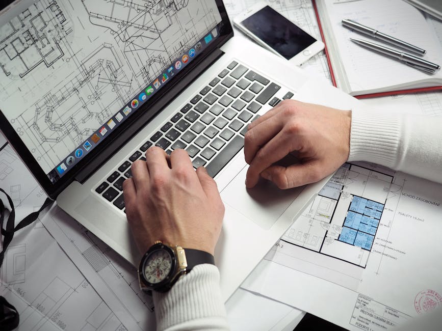 Professional construction office with blueprints and planning workspace