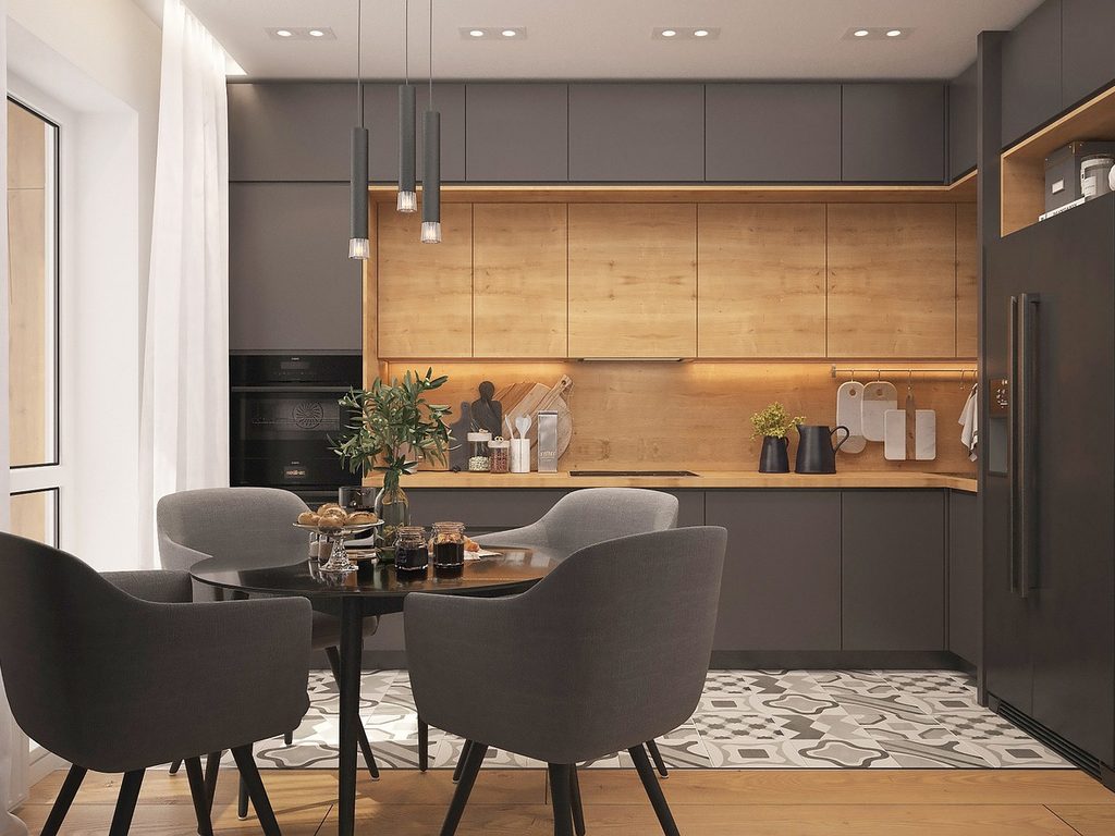Modern kitchen with warm wood upper cabinets, dark lower units and a round dining table
